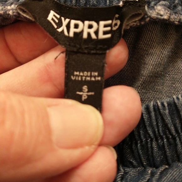 Express Faux Denim Off-Shoulder Ruffle Dress - Picture 2 of 12